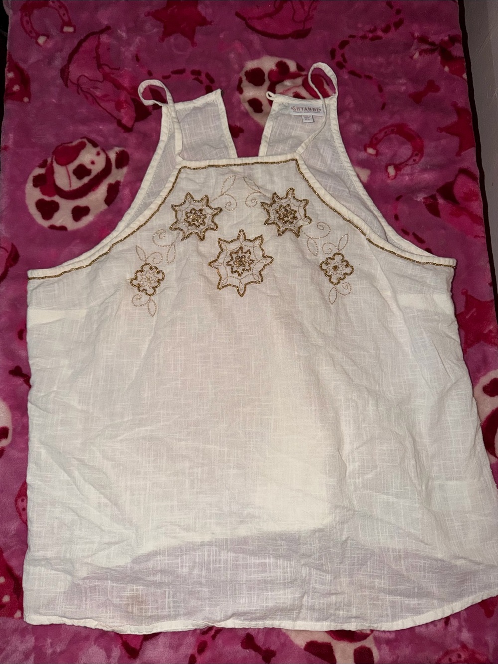Shyanne White Camisole with Gold Floral Embroidery